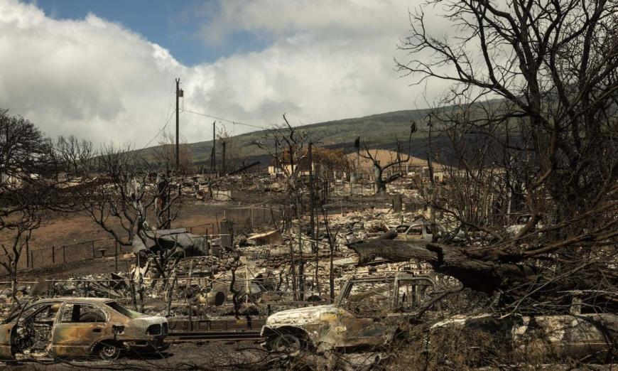 Bộ khung trơ trụi của những chiếc xe hơi được nhìn thấy giữa đống tro tàn của khu phố bị cháy sau trận cháy rừng, ở Lahaina, phía tây Maui, Hawaii hôm 14/08/2023. (Ảnh: Yuki Iwamura/AFP qua Getty Images)