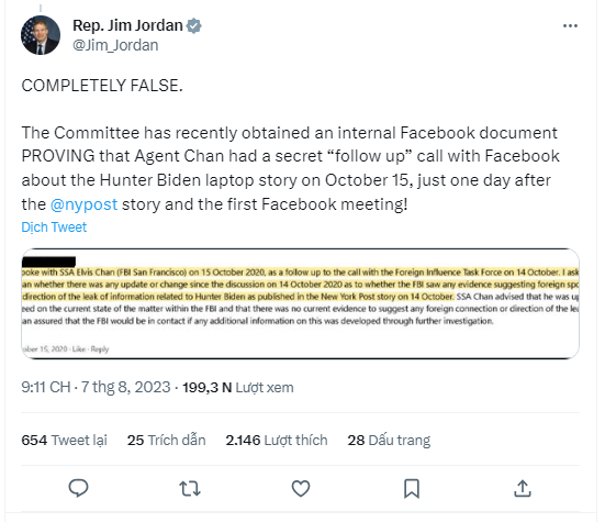 Dân biểu Jordan: Mặc dù đã tuyên thệ, Đặc vụ FBI khai man về máy điện toán xách tay của ông Hunter Biden