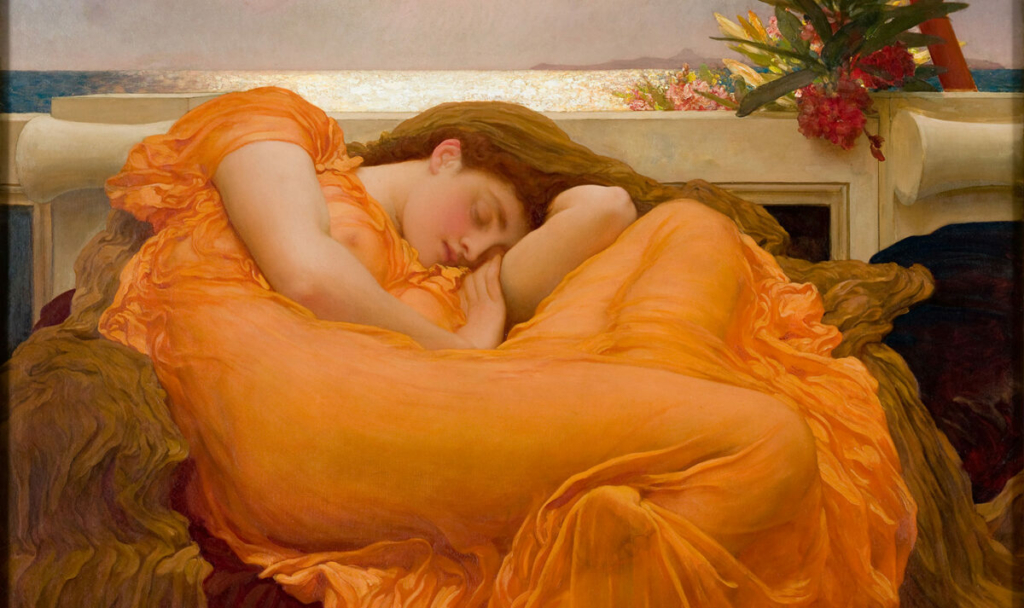 Bức tranh “Flaming June” (Tháng Sáu Cháy Bỏng) của họa sĩ Frederic Leighton, năm 1895. Tranh sơn dầu trên vải canvas. Viện bảo tàng Museo de Arte de Ponce, Ponce, Puerto Rico. (Ảnh: Tài liệu công cộng)