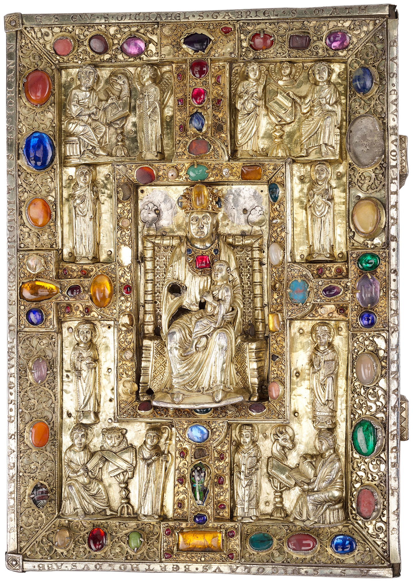 Bìa trước quyển sách “Berthold Sacramentary” (Sách Lễ Berthold) của nghệ sĩ vô danh người Đức, năm 1215–1217. Bìa sách mạ bạc và đính đá quý vào khung gỗ chia ô; kích thước: 11.5 inch x 8 inch. Thư viện và Bảo tàng Morgan, Thành phố New York. (Ảnh: Tài liệu công cộng)