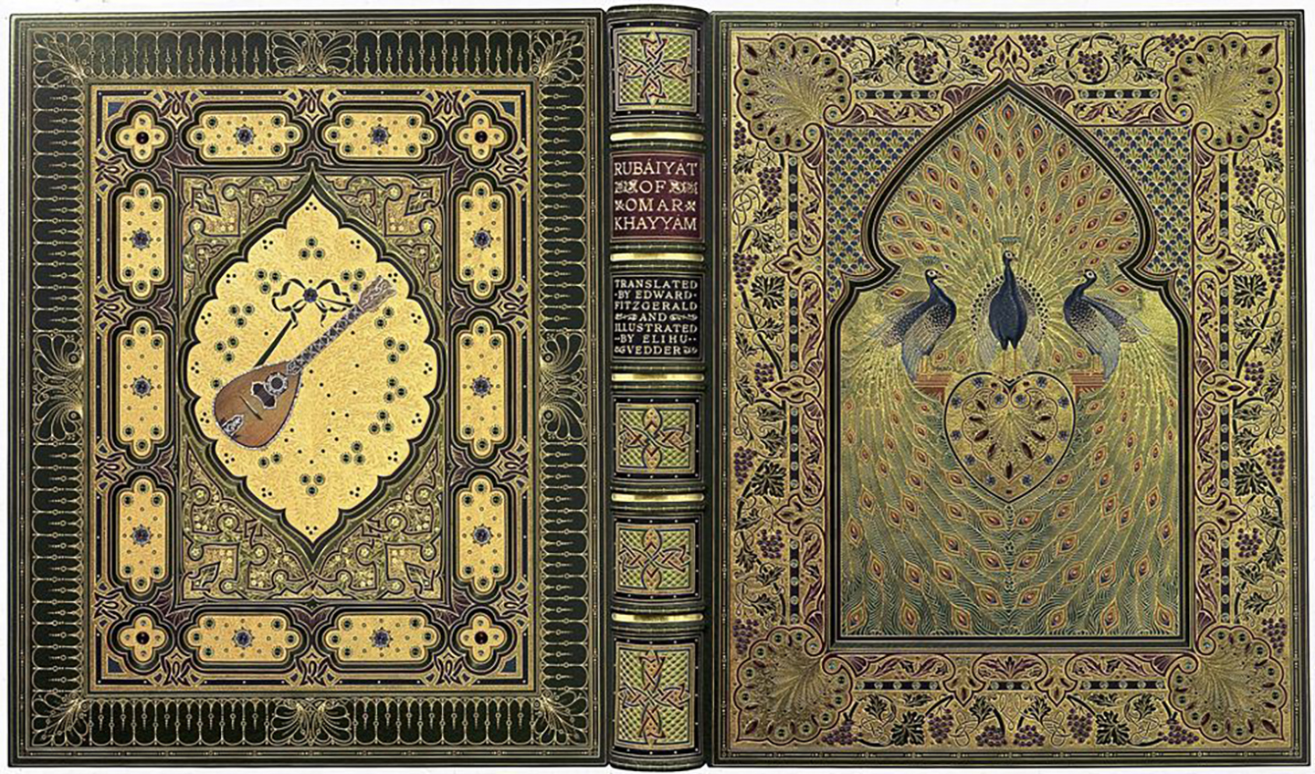 Bức ảnh chụp trắng đen được hiệu chỉnh màu sắc của tập thơ gốc “The Rubáiyát of Omar Khayyám,” do hãng Sangorski & Sutcliffe đóng bìa, năm 1909–1911. (Ảnh: Tài liệu công cộng)