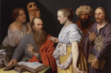 Bức tranh mô tả một học giả đang làm nghiên cứu của mình với các nhân vật đeo  mặt nạ, do họa sĩ Willem van der Vliet vẽ, năm 1627. Tranh sơn dầu trên vải canvas. Bộ sưu tập tư nhân. (Ảnh: Tài liệu công cộng)
