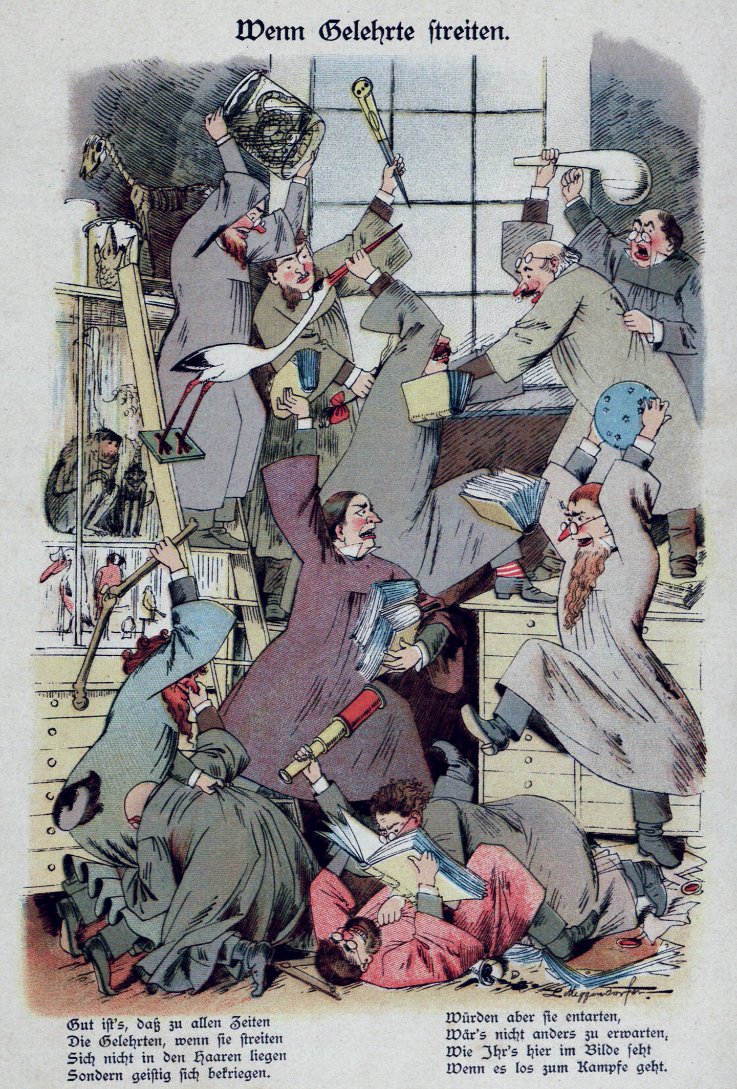 Bức tranh “When Scholars Argue,” (Khi các học giả tranh luận) đăng trên Tạp chí Humoristic Monthly, năm 1890. Dòng chữ trên bức tranh này được dịch như sau: Điều đáng mừng là ở mọi thời điểm, khi các học giả tranh luận họ không lao vào ẩu đả như trong quán rượu, mà chỉ đấu trí với nhau. Nhưng NẾU mọi thứ từ lời nói trở thành nắm đấm, thì người ta sẽ không sai khi hình dung tình huống như những gì bạn thấy trong bức tranh ở đây, khi họ bước vào một cuộc tranh luận. (Ảnh: Tài liệu công cộng)