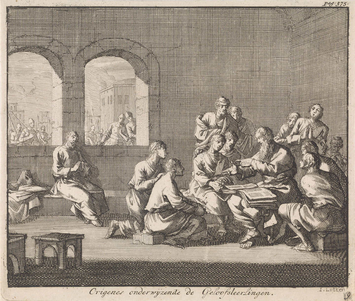 Một bức hình minh họa trong sách viết tay miêu tả nhà thần học Origen đang dạy giáo lý cho một nhóm học trò, năm 1700, của họa sĩ Jan Luyken. Bảo tàng Rijksmuseum, Amsterdam. (Ảnh: Tài liệu công cộng)