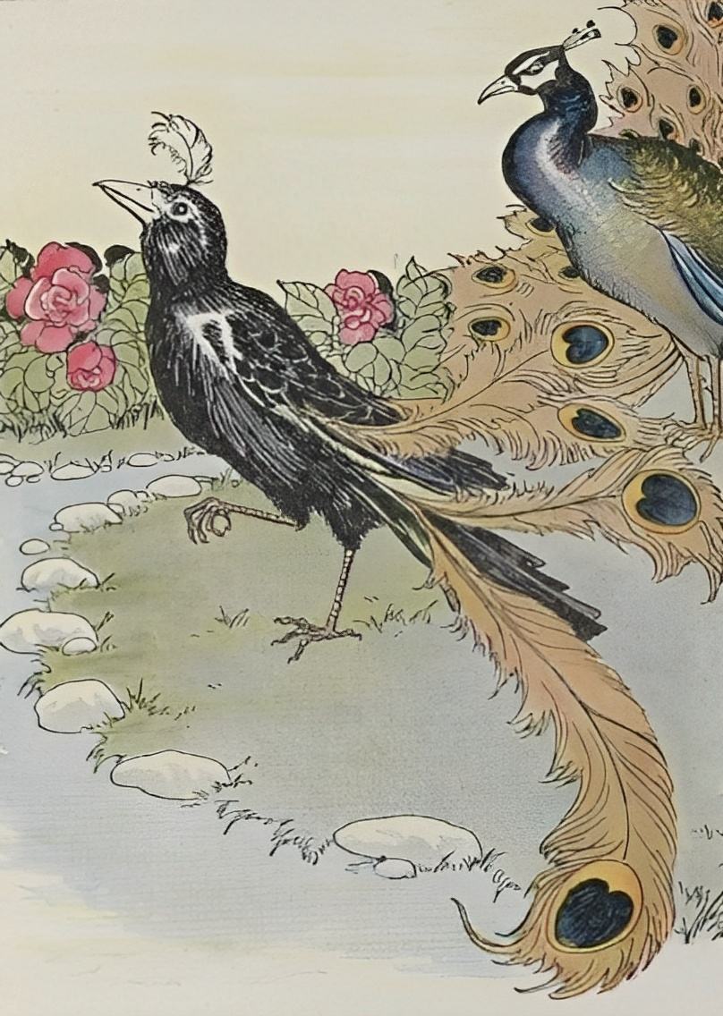 Bức ảnh “The Vain Jackdaw and His Borrowed Feathers” (Quạ gáy xám háo danh và bộ lông vũ vay mượn), tranh minh họa của tác giả Milo Winter, trong “The Aesop for Children” (Truyện Ngụ Ngôn Aesop Dành Cho Trẻ Em) năm 1919. (Ảnh: PD-US)