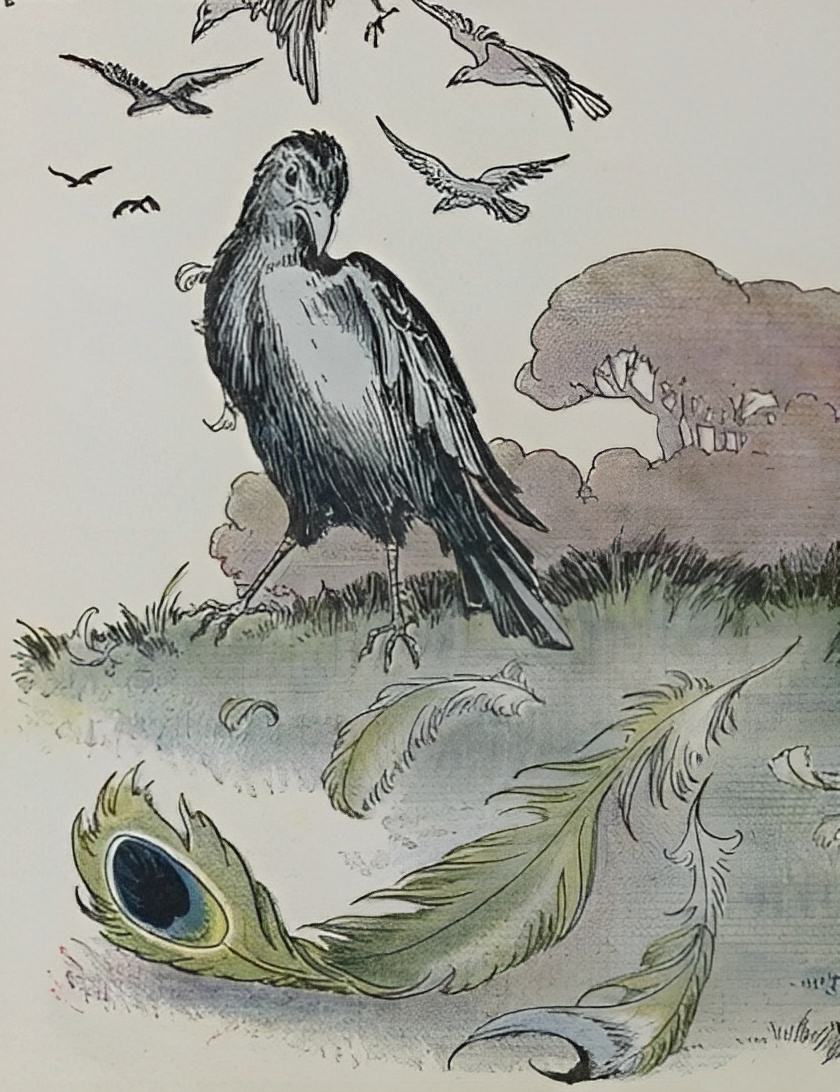 Bức ảnh “The Vain Jackdaw and His Borrowed Feathers” (Quạ gáy xám háo danh và bộ lông vũ vay mượn), tranh minh họa của tác giả Milo Winter, trong quyển sách “The Aesop for Children” (Truyện Ngụ Ngôn Aesop Dành Cho Trẻ Em) năm 1919. (Ảnh: PD-US)