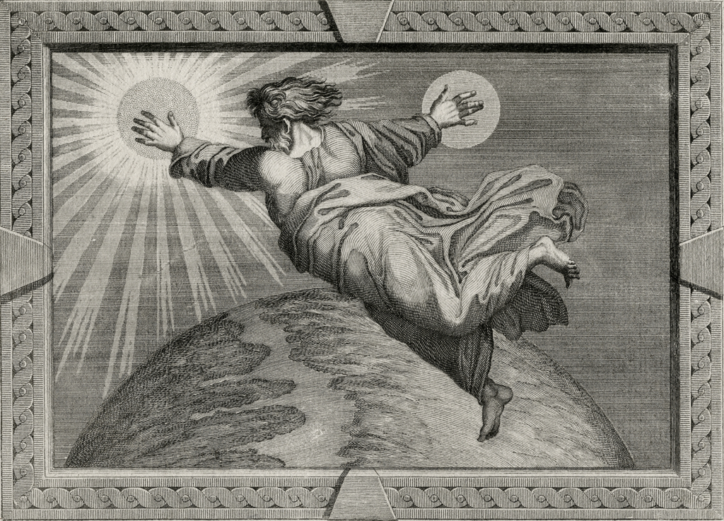 Tác phẩm “God Creating the Sun and Moon” (Thiên Chúa tạo ra mặt trời và mặt trăng) của các họa sĩ Secondo Bianchi và Pietro Bartolozzi, vẽ vào năm 1785. (Ảnh: Tài liệu công cộng)