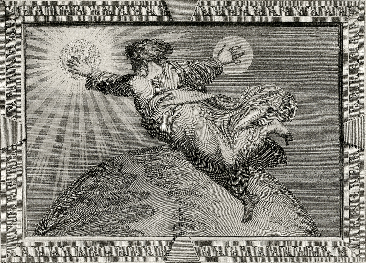 Tác phẩm “God Creating the Sun and Moon” (Thiên Chúa tạo ra mặt trời và mặt trăng)  của các họa sĩ Secondo Bianchi và Pietro Bartolozzi, vẽ vào năm 1785. (Ảnh: Tài liệu công cộng)