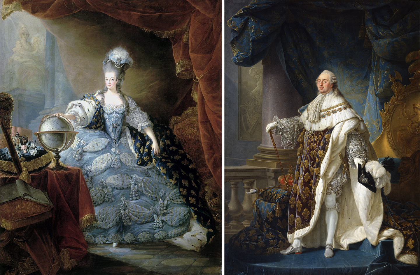 Bức ảnh chân dung của Vương hậu Marie Antoinette và Vua Louis XVI trong Cung điện Versailles. Tác phẩm “Portrait of Marie-Antoinette of Austria” (Chân dung vương hậu Marie-Antoinette của nước Áo) do họa sĩ Jean-Baptiste Gautier Dagoty vẽ năm 1775 và bức tranh “Louis XVI of France” (Vua Louis XVI của Pháp quốc) do họa sĩ Antoine-François Callet vẽ năm 1789. Tranh sơn dầu trên vải canvas. Cung điện Versailles. (Ảnh: Tài liệu công cộng)