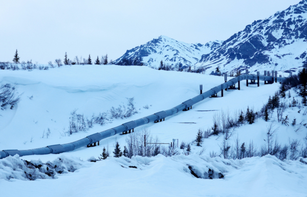 Một phần của Hệ thống Đường ống Xuyên Alaska chạy qua dãy núi Alaska gần Delta Junction, Alaska, hôm 05/05/2023. (Ảnh: Mario Tama/Getty Images)