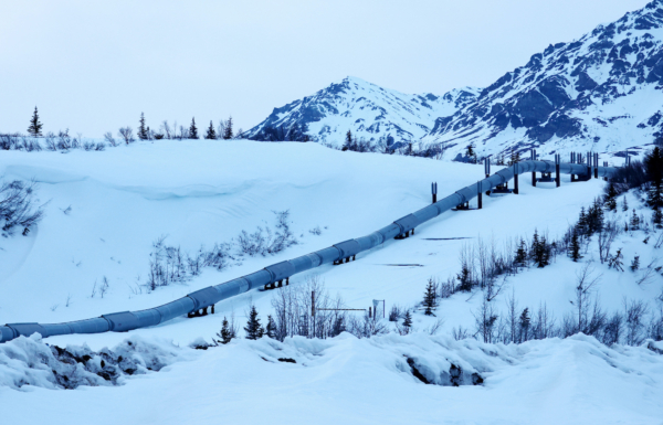 Một phần của Hệ thống Đường ống Xuyên Alaska chạy qua dãy núi Alaska gần Delta Junction, Alaska, hôm 05/05/2023. (Ảnh: Mario Tama/Getty Images)