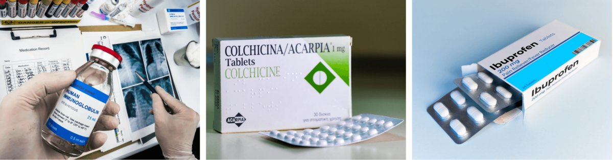 Điều trị viêm cơ tim bằng methylprednisolone (trái), colchicine (giữa), ibuprofen (phải). (Ảnh: Felipe Caparros, GeorgiosKostomitsopoulos, George Martin Studio/Shutterstock)