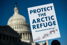 Một người biểu tình giương biển phản đối việc khoan dầu ở Khu bảo tồn Động vật hoang dã Quốc gia Bắc Cực, nhân dịp kỷ niệm 58 năm thành lập Khu bảo tồn Động vật hoang dã Quốc gia Bắc Cực, trong cuộc họp báo bên ngoài Điện Capitol tại Hoa Thịnh Đốn hôm 11/12/2018. (Ảnh: Saul Loeb AFP qua Getty Images)