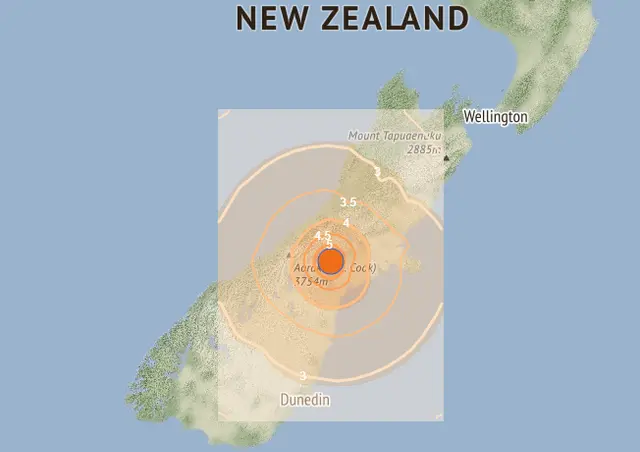 Bản đồ cho thấy sự rung lắc trong trận động đất mạnh 6 độ tại South Island, New Zealand, hôm 20/09/2023. (Ảnh: GeoNet/CC BY 3.0 NZ)