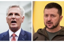 Chủ tịch Hạ viện Kevin McCarthy và Tổng thống Ukraine Volodymyr Zelensky. (Ảnh: Madalina Vasiliu/The Epoch Times; Viacheslav Ratynskyi/Reuters)