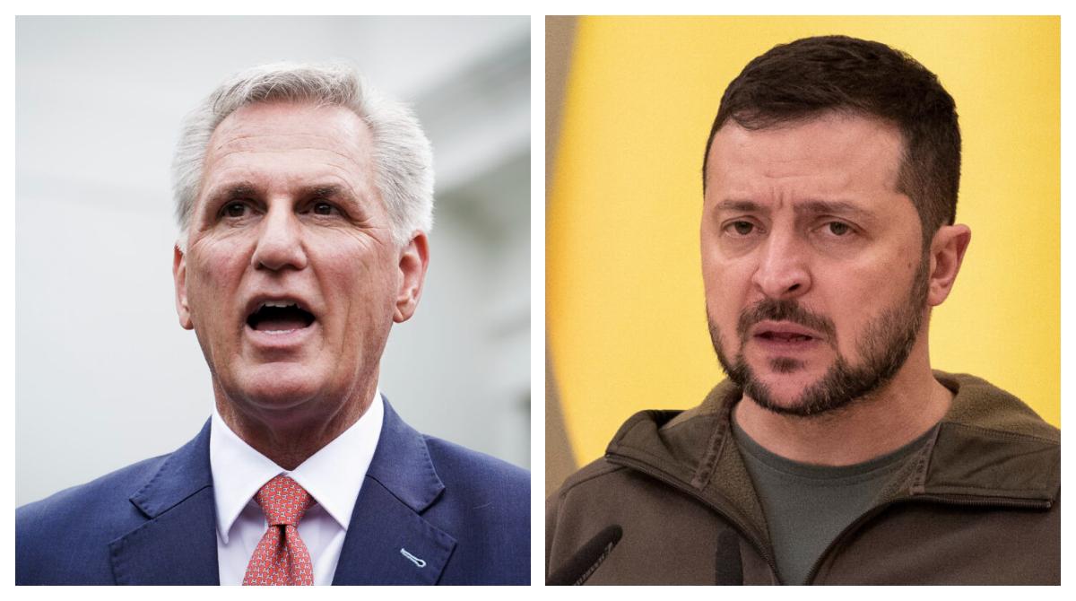 Chủ tịch Hạ viện Kevin McCarthy và Tổng thống Ukraine Volodymyr Zelensky. (Ảnh: Madalina Vasiliu/The Epoch Times; Viacheslav Ratynskyi/Reuters)