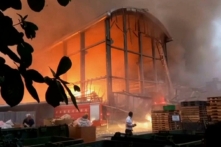 Người dân chứng kiến vụ hỏa hoạn tại một nhà máy của công ty sản xuất bóng golf Launch Technologies ở huyện Bình Đông, miền nam Đài Loan hôm 22/09/2023. (Ảnh: FTV qua AP)