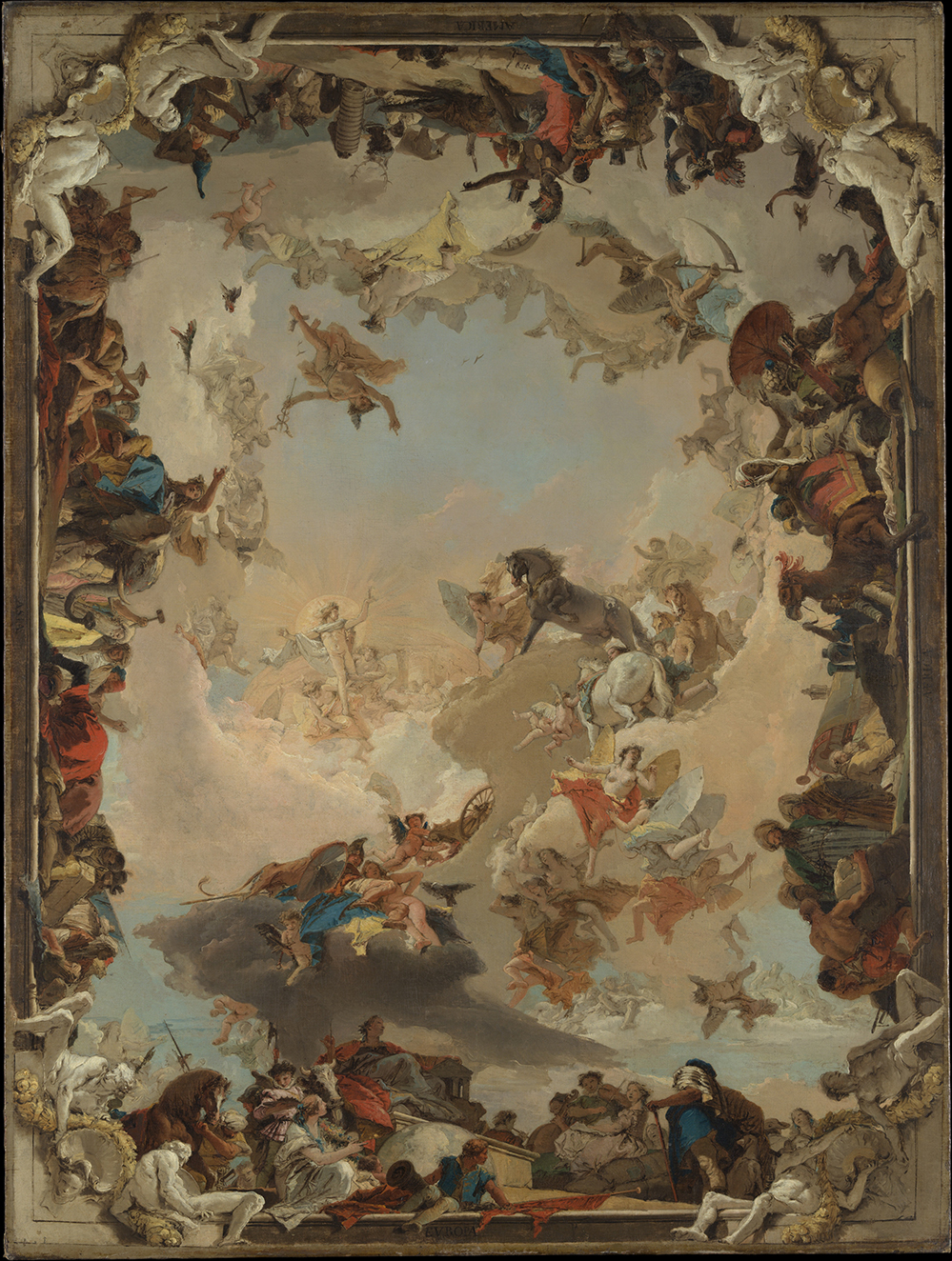 Tác phẩm “Allegory of the Planets and Continents” (Câu chuyện ngụ ngôn về các hành tinh và lục địa) của họa sĩ Giovanni Battista Tiepolo, năm 1752. Sơn dầu trên vải canvas. Viện bảo tàng Nghệ thuật Metropolitan, New York. (Ảnh: Tài liệu công cộng)