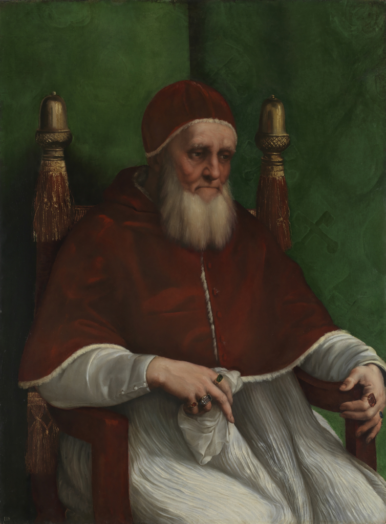 Bức tranh “Portrait of Pope Julius II” (Chân dung Giáo hoàng Julius Đệ nhị) của họa sĩ Raphael, năm 1511. Tranh sơn dầu trên gỗ bạch dương; kích thước: 42 3/4 inch x 31 7/8 inch (~109cm x 81cm). Bảo tàng Quốc gia, London. (Ảnh: Tài liệu công cộng)