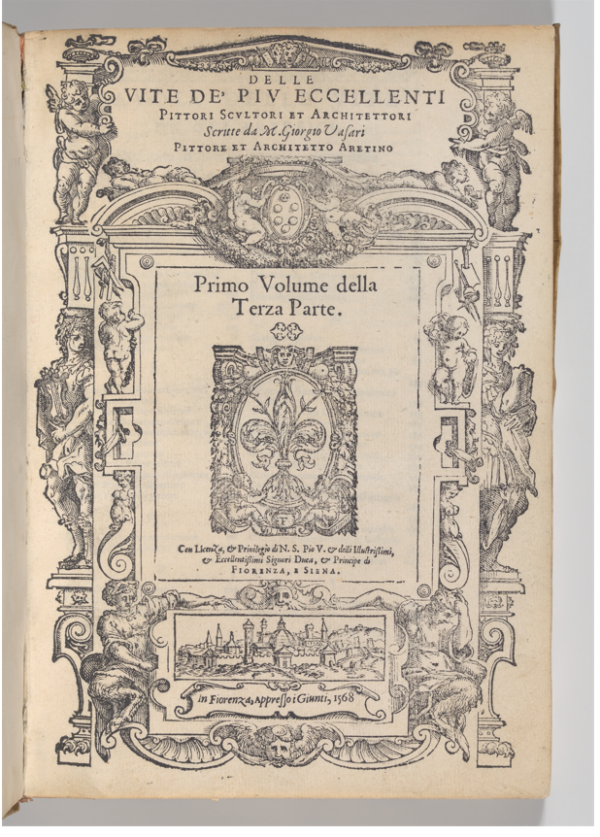 Cuốn “Le Vite de’ Piv Eccellenti Pittori et Architettori” (Cuộc Đời của Những Họa Sĩ, Nhà Điêu Khắc và Kiến ​​Trúc Sư Lỗi Lạc Nhất) của sử gia nghệ thuật Giorgio Vasari viết năm 1568. Quỹ Harris Brisbane Dick Fund, năm 1929; Viện bảo tàng Nghệ thuật Metropolitan. (Ảnh: Tài liệu công cộng)