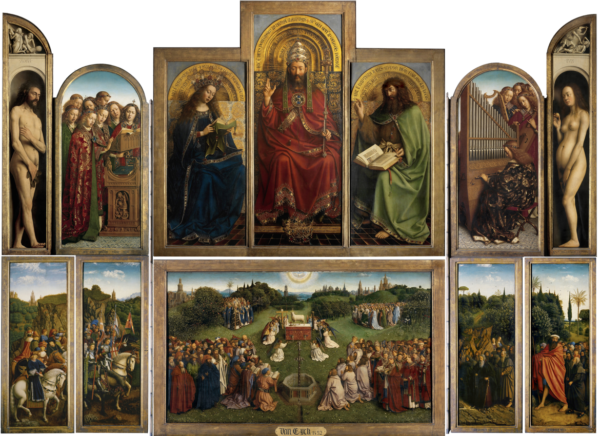 12 tấm bên trong của tác phẩm Ghent Altarpiece, một kiệt tác của danh họa người Flemish Jan van Eyck. Tác phẩm được tạo ra vào năm 1432, trước thời kỳ Phục hưng Ý. Nhà thờ chính tòa Thánh Bavo, Ghent, Bỉ. (Ảnh: Tài liệu công cộng)