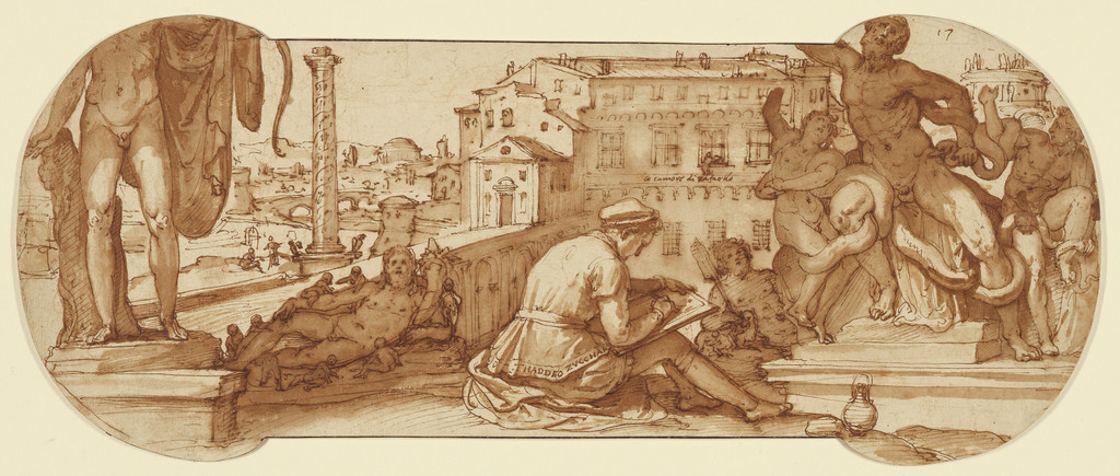 Tác phẩm “Taddeo in the Belvedere Court at the Vatican” (Taddeo trong Khu vườn Belvedere ở thành Vatican) của họa sĩ Federico Zuccaro, khoảng năm 1595. Tranh vẽ bằng bút mực nâu, và vẽ cọ màu nâu lên phấn đen, điểm xuyết bằng phấn đỏ; kích thước: 6 7/8 inch x 16 3/4 inch (~17cm x 43cm). Bảo tàng Getty, Los Angeles. (Ảnh: Tài liệu công cộng)