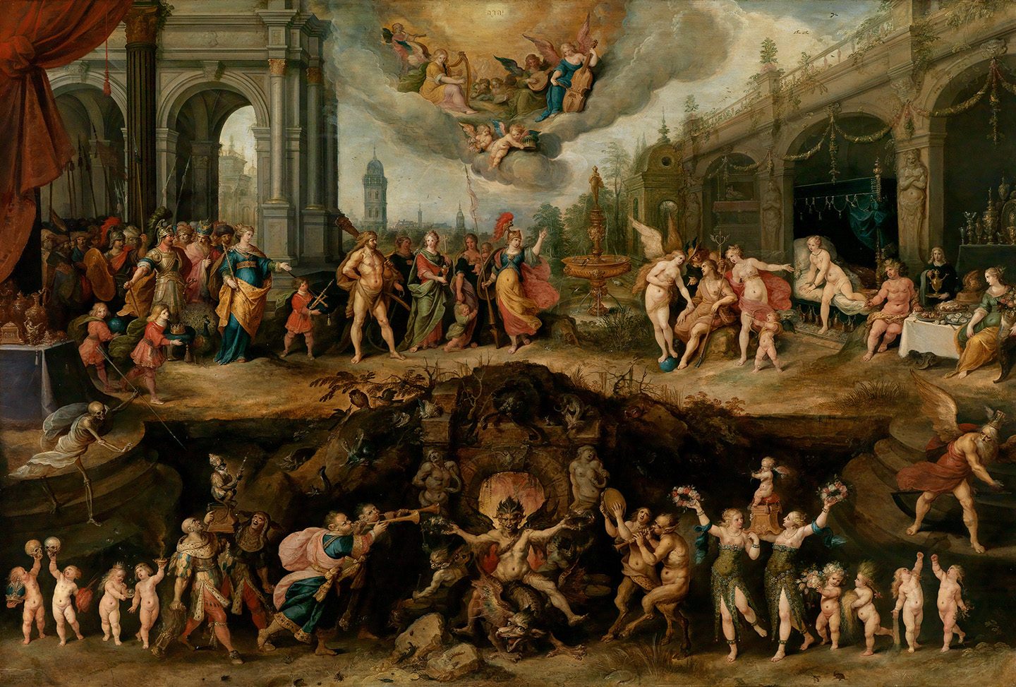 Tác phẩm “Mankind’s Eternal Dilemma—The Choice Between Virtue And Vice” (Thế tiến thoái lưỡng nan muôn thuở của nhân loại — Sự lựa chọn giữa đức hạnh và tội lỗi) của họa sĩ Frans Francken con, vẽ năm 1633. Tranh sơn dầu trên bảng vẽ. Bảo tàng Mỹ thuật Boston. (Ảnh: Tài liệu công cộng)