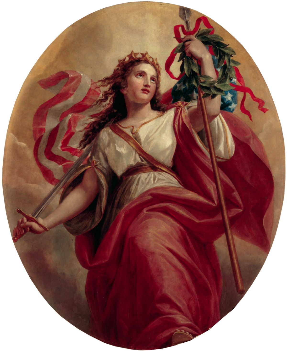 Bức tranh “Liberty” (Quyền tự do) của họa sĩ Constantino Brumidi được treo trên trần của sảnh vào Tòa Bạch Ốc. Hiệp hội Lịch sử Tòa Bạch Ốc. (Ảnh: Tài liệu công cộng)