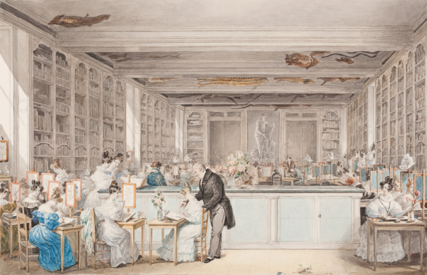 Bức tranh “Pierre-Joseph Redouté’s School of Botanical Drawing in the Salle Buffon in the Jardin des Plantes” (Trường vẽ thực vật học của họa sĩ Pierre-Joseph Redouté ở Sảnh Buffon trong Vườn bách thảo Paris), vẽ năm 1830, của họa sĩ Julie Ribault. Bút trâm (một loại bút cổ que nhỏ có đầu nhọn) và màu nước; kích thước: 10 5/8 inch x 14 inch (~27cm x 36cm). Bảo tàng Fitzwilliam, Cambridge, Anh quốc. (Ảnh: Tài liệu công cộng)