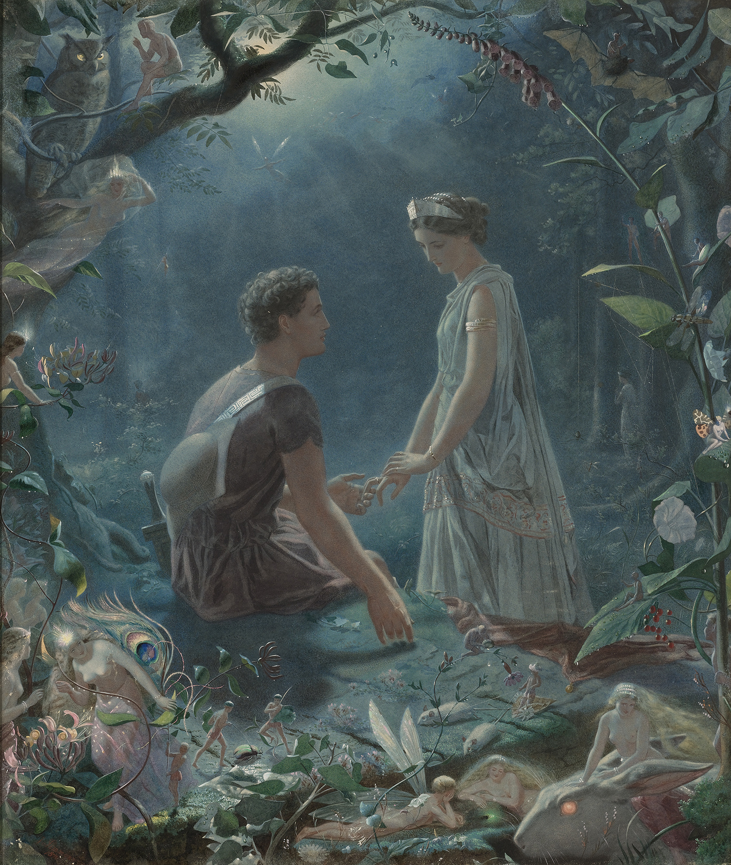 Tác phẩm “Hermia and Lysander, ‘A Midsummer Night’s Dream’” (Hermia và Lysander, ‘Giấc mộng đêm hè’) của họa sĩ John Simmons, năm 1870. Tranh màu nước điểm thêm màu gouache trên giấy đặt trên nền vải canvas; kích thước: 36 inch x 29 inch. Bộ sưu tập Tư nhân. (Ảnh: Tài liệu công cộng)