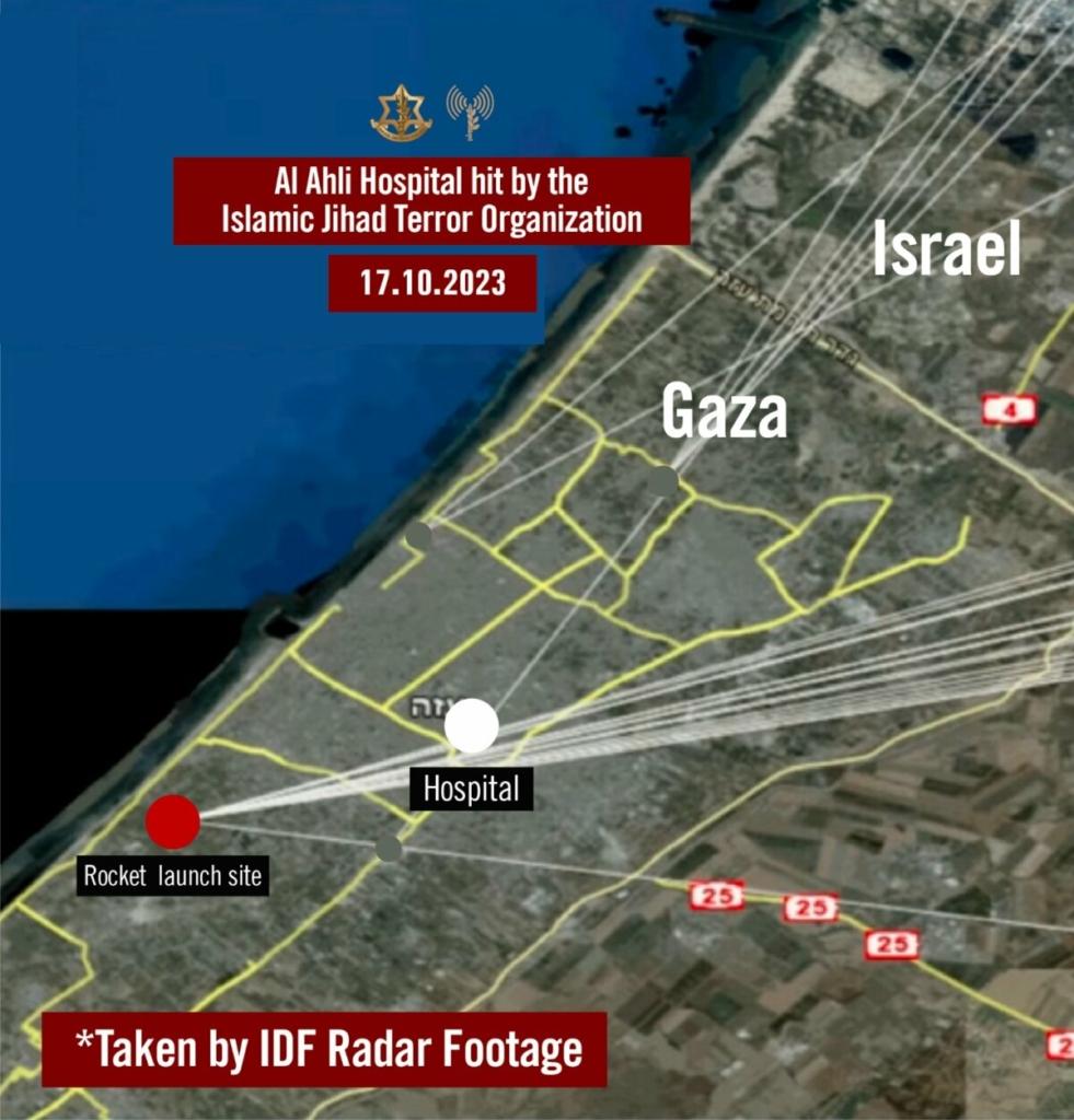 Một bản đồ do Lực lượng Phòng vệ Israel (IDF) cung cấp hôm 17/10/2023, cho thấy đường đi của hỏa tiễn do Tổ chức Khủng bố Jihad Hồi Giáo bắn về phía Israel mà họ cho rằng đã tấn công Bệnh viện Al Ahli. (Ảnh: Được đăng dưới sự cho phép của IDF)