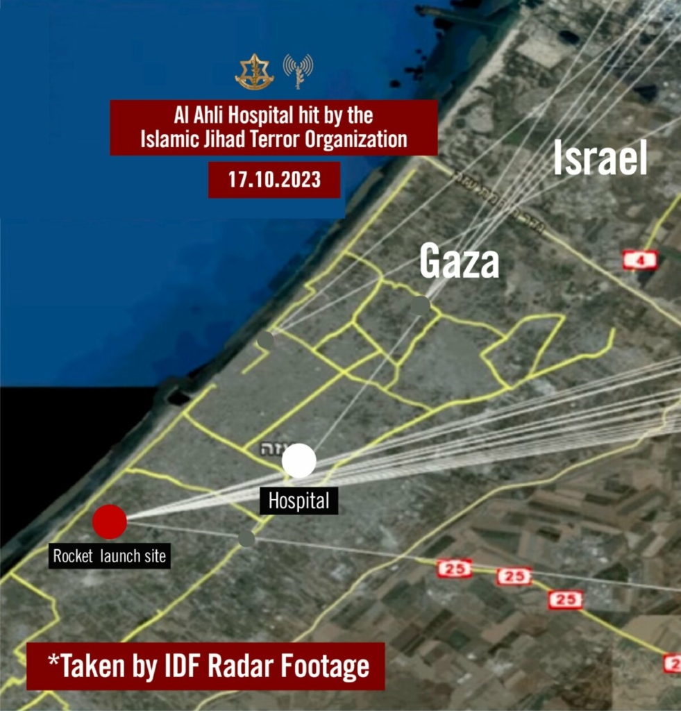 Một bản đồ do Lực lượng Phòng vệ Israel (IDF) cung cấp hôm 17/10/2023, cho thấy đường đi của hỏa tiễn do Tổ chức Khủng bố Jihad Hồi Giáo bắn về phía Israel mà họ cho rằng đã tấn công Bệnh viện Al Ahli. (Ảnh: Được đăng dưới sự cho phép của IDF)