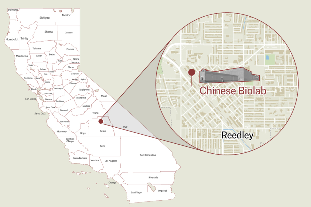 Một bản đồ minh họa cho thấy vị trí của cơ sở bị tình nghi là phòng thí nghiệm sinh học ở Reedley, California. (Ảnh minh họa của The Epoch Times, Nathan Su/The Epoch Times, Shutterstock)
