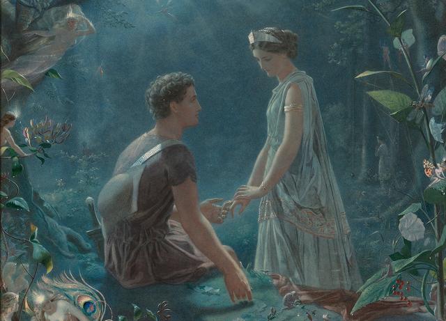 Tác phẩm “Hermia and Lysander, ‘A Midsummer Night’s Dream’” (Hermia và Lysander, ‘Giấc mộng đêm hè’) của họa sĩ John Simmons, năm 1870. Tranh màu nước điểm thêm màu gouache trên giấy đặt trên nền vải canvas; kích thước: 36 inch x 29 inch. Bộ sưu tập Tư nhân. (Ảnh: Tài liệu công cộng)