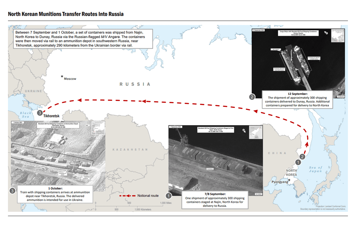 Một bản đồ của chính phủ Hoa Kỳ về tuyến đường mà Bắc Hàn sử dụng để chuyển vũ khí cho Nga. (Ảnh: Chính phủ Hoa Kỳ)