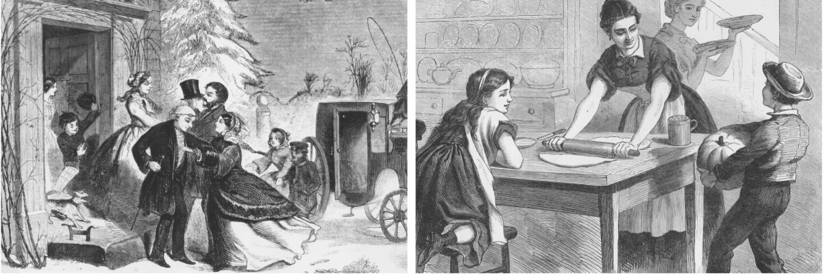 (Trái) Minh họa việc đến 'Ngôi nhà cũ' vào Lễ Tạ Ơn, 1880. (Ảnh: Frederic Lewis/Getty Images) (Phải) Minh họa việc chuẩn bị bữa ăn Lễ Tạ Ơn, 1882. (Ảnh: Kean Collection/Getty Images)