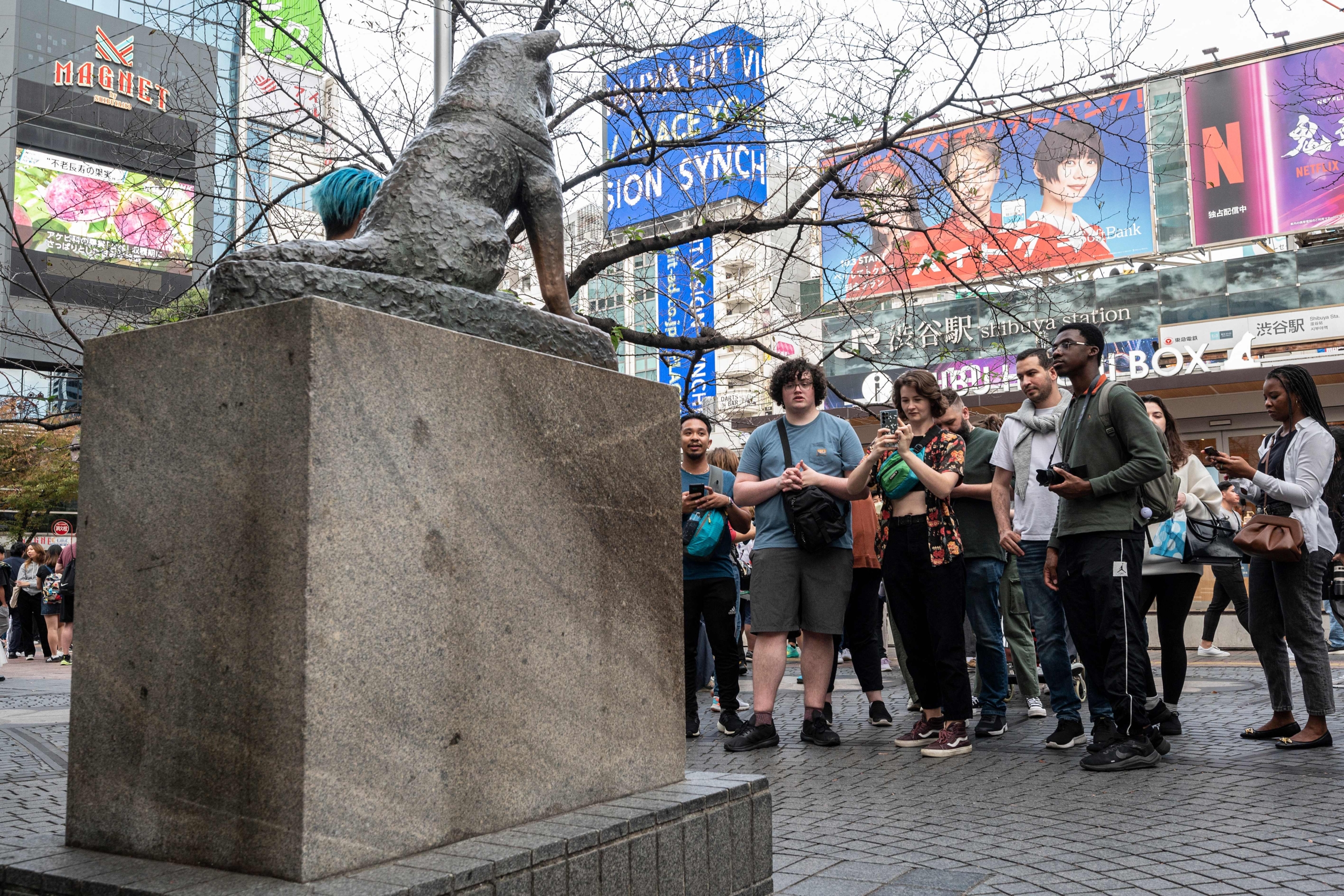 Du khách chụp ảnh cùng bức tượng chú chó trung thành Hachiko trước nhà ga Shibuya ở Tokyo. Ảnh chụp vào ngày 06/11/2023. (Ảnh: RICHARD A. BROOKS/AFP/Getty Images)