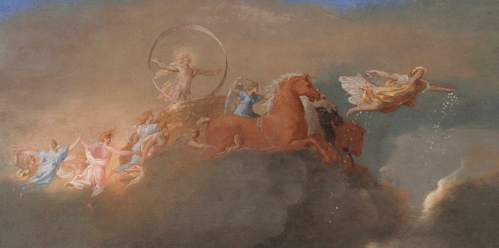 Cận cảnh chi tiết về nữ thần Aurora dẫn đầu một đám rước băng qua bầu trời buổi sớm trong bức tranh “Khiêu vũ theo giai điệu của thời gian” (A Dance to the Music of Time) của họa sĩ Poussin. (Ảnh: Tài liệu công cộng)
