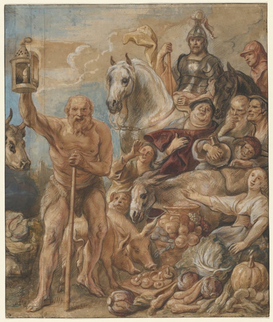 Bức tranh về Diogenes (triết gia Hy Lạp thế kỷ thứ tư) trên đường tìm kiếm một người trung thực, năm 1642, của họa sĩ Jacob Jordaens. Phòng Trưng bày Quốc gia Victoria, Úc. (Ảnh: Tài liệu công cộng)