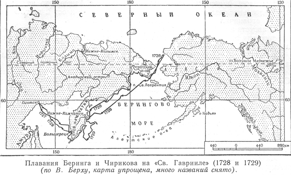 Lộ trình của Chuyến thám hiểm Kamchatka Đầu tiên, bản đồ của ông Vasily Berkh. (Ảnh: Tài liệu công cộng)