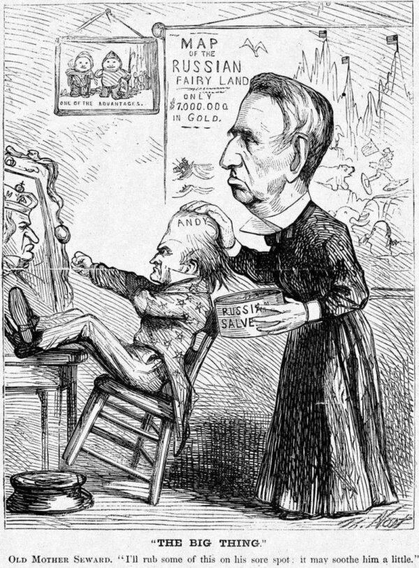 Tranh biếm họa về Alaska của họa sĩ Thomas Nast, năm 1867. Ông Seward hy vọng rằng việc mua lại Alaska sẽ giúp làm dịu tình hình chính trị căng thẳng của tổng thống Johnson. (Ảnh: Tài liệu công cộng)