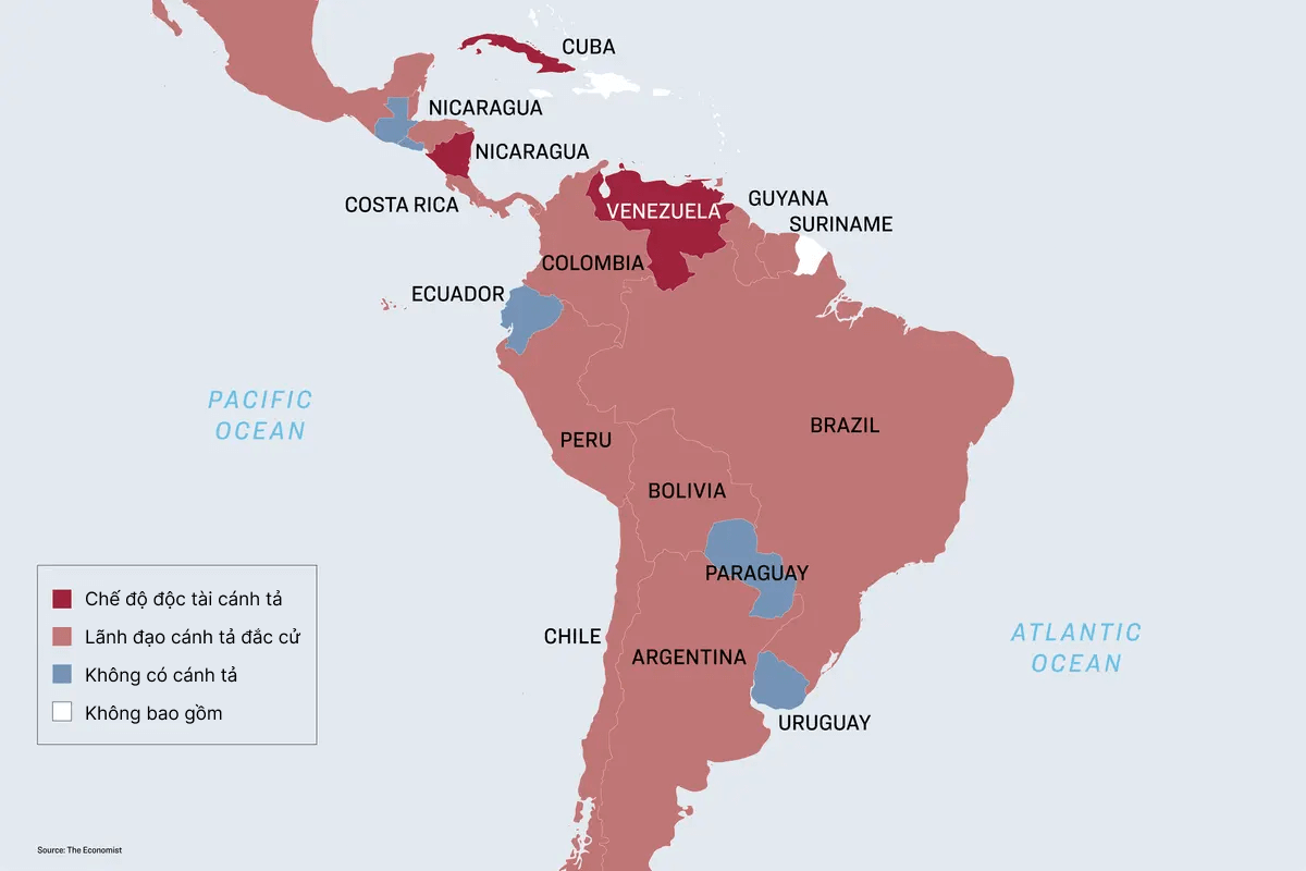 Một bản đồ mô tả khuynh hướng chính trị của các chính phủ ở Mỹ Latinh. (Ảnh: The Epoch Times)