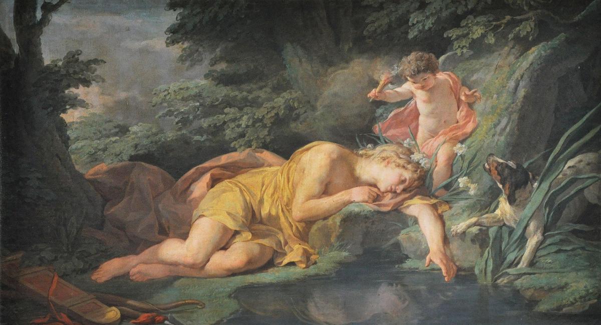 Bức tranh “Narcissus Changed Into a Flower” (Chàng Narcissus hóa thành một bông hoa), khoảng năm 1771, của họa sĩ Nicolas-Bernard Lépicié. Sơn dầu trên vải canvas. Cung điện Versailles, Pháp quốc. (Ảnh: Tài liệu công cộng)