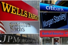 Một bức hình ghép các bức ảnh chụp biển hiệu của Wells Fargo, Citibank, Morgan Stanley, JPMorgan Chase, Bank of America, Morgan Stanley, và Goldman Sachs. (Ảnh: Kho lưu trữ của Reuters)