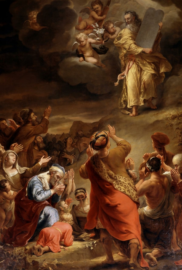 Bức tranh “Moses Descends From Mount Sinai With the Ten Commandments” (Moses đi xuống từ Núi Sinai mang theo Mười Điều Răn), năm 1662, của họa sĩ Ferdinand Bol. Sơn dầu trên vải canvas. Cung điện Hoàng gia Amsterdam. (Ảnh: Tài liệu công cộng)