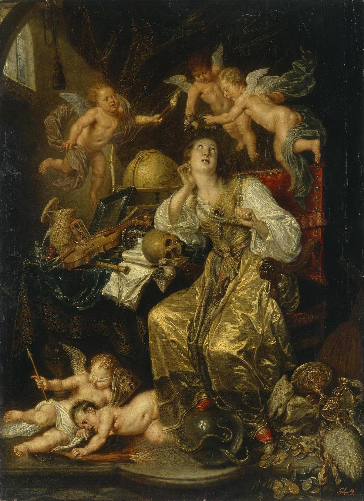 Bức tranh “Allegory of Prudence Triumphing Over Vanity (Allegory of Faith)” (Câu truyện ngụ ngôn về sự thận trọng chiến thắng thói tự phụ (Ngụ ngôn về đức tin)) của họa sĩ David Teniers Con vẽ năm 1651–90. Sơn dầu trên bảng gỗ. Bảo tàng Hermitage, Saint Petersburg, Nga. (Ảnh: Tài liệu công cộng)