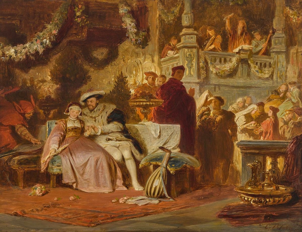 Bức tranh “Henry VIII With Anne Boleyn at Cardinal Wolsey's Ball” (Vua Henry VIII cùng Anne Boleyn trong buổi vũ hội của Hồng Y Wolsey), khoảng năm 1872, của họa sĩ Karl Theodor von Piloty. Sơn dầu trên vải canvas. (Ảnh: PD-Art)