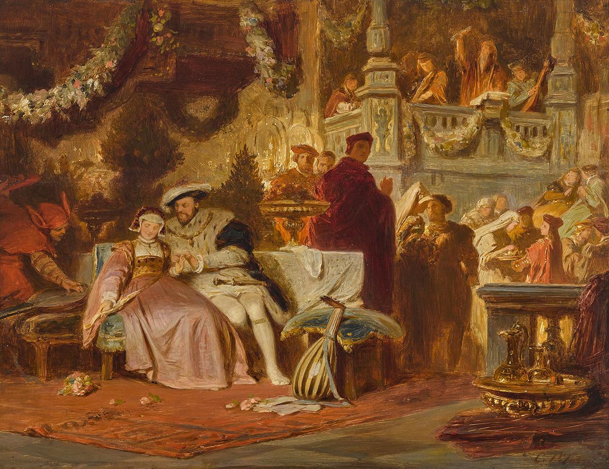 Bức tranh “Henry VIII With Anne Boleyn at Cardinal Wolsey’s Ball” (Vua Henry VIII cùng Anne Boleyn trong buổi vũ hội của Hồng Y Wolsey), khoảng năm 1872, của họa sĩ Karl Theodor von Piloty. Sơn dầu trên vải canvas. (Ảnh: PD-Art)