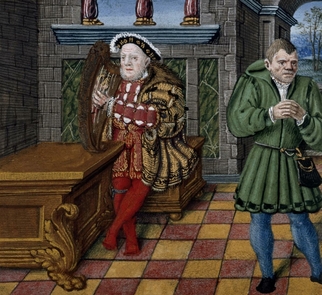 Bức tranh “Henry VIII With Harp” (Vua Henry VIII cùng hạc cầm) từ cuốn sách thánh vịnh thuộc sở hữu của Vua Henry VIII, năm 1530–1547. (Ảnh: Tài liệu công cộng)