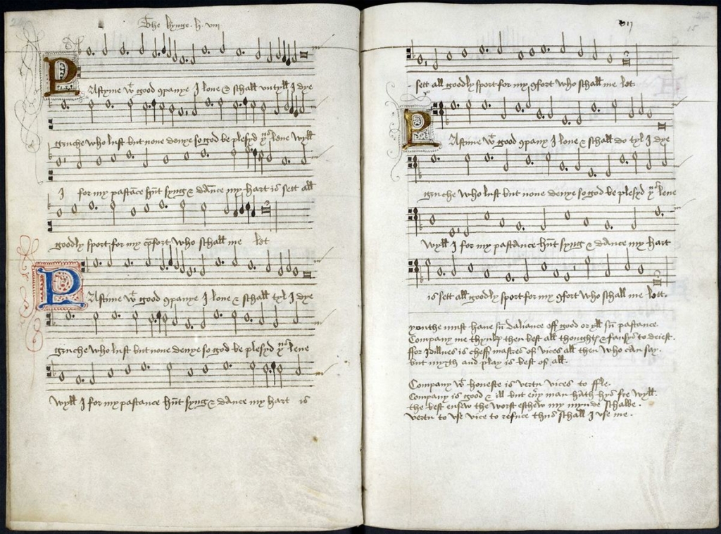 Bài hát nổi tiếng “Pastime With Good Company” (Vui chơi cùng thân hữu), do Vua Henry VIII viết khoảng năm 1509, nằm trong cuốn “Henry VIII Songbook” (Tuyển tập các bài hát của Vua Henry VIII), năm 1518. Thư viện Anh quốc, London. (Ảnh: Tài liệu công cộng)